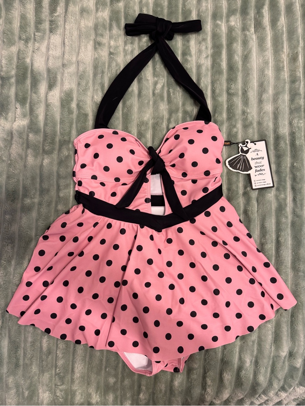 Pink Black Polka Dot Halter Skirted Swimsuit